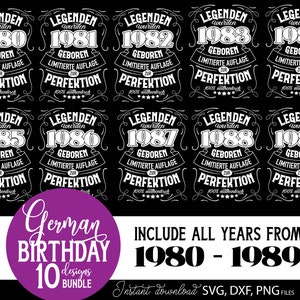 Vorschaubild eines personalisierten deutschen Geburtstag SVG Bundles mit Vintage Typografie Designs für Männer der Jahrgänge 1980 bis 1989. Die Motive enthalten auffällige deutsche Schriftzüge mit humorvollen Aussagen über limitierte Auflage und Perfektion. Links trägt ein Mann ein schwarzes T Shirt mit dem 1984 Design, rechts sind weitere Geburtstagsmotive dargestellt. Enthalten sind SVG, DXF und PNG Dateien für Cricut, Sublimation, personalisierte Geschenke, Shirts, Tassen und DIY Projekte.