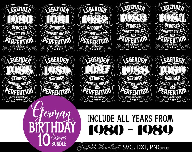 Vorschaubild eines personalisierten deutschen Geburtstag SVG Bundles mit Vintage Typografie Designs für Männer der Jahrgänge 1980 bis 1989. Die Motive enthalten auffällige deutsche Schriftzüge mit humorvollen Aussagen über limitierte Auflage und Perfektion. Links trägt ein Mann ein schwarzes T Shirt mit dem 1984 Design, rechts sind weitere Geburtstagsmotive dargestellt. Enthalten sind SVG, DXF und PNG Dateien für Cricut, Sublimation, personalisierte Geschenke, Shirts, Tassen und DIY Projekte.