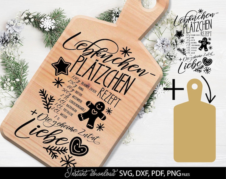 Lebkuchen-Plätzchen Rezept SVG Design mit liebevoll gestalteter Schrift und niedlichem Lebkuchenmann, ideal für Küchenschürzen, Backbretter oder Weihnachtsdekoration. Perfekte digitale Datei zum Basteln, Plotten oder Bedrucken von Textilien für die Weihnachtsbäckerei. Enthält Zutatenliste und Spruch „Die geheime Zutat ist Liebe