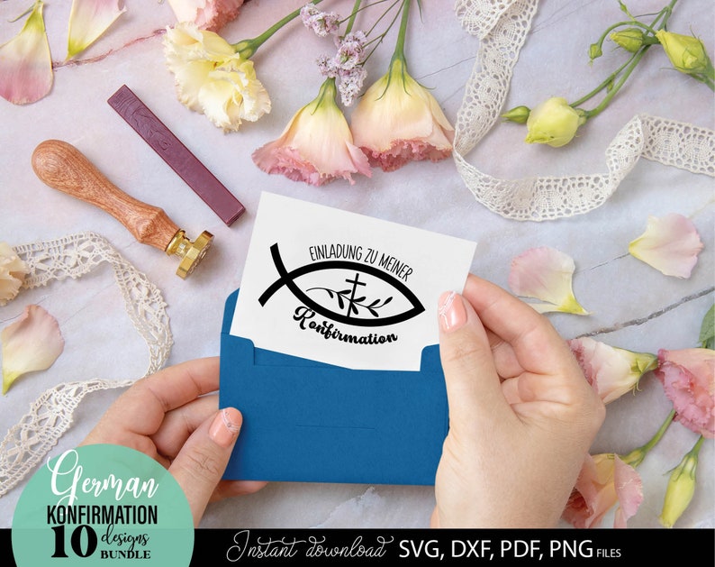 Konfirmation SVG Bundle mit christlichen Motiven wie Kreuz, Taube, Fischsymbol und Sprüchen wie „Einladung zur Konfirmation“, „Gottes Segen“ und „Herzlichen Glückwunsch“. Elegante und spirituelle Designs ideal für Karten, Einladungen oder Geschenke zur Konfirmation. Perfekt geeignet für DIY Projekte wie Drucke, Deko oder personalisierte Erinnerungsstücke für diesen besonderen religiösen Anlass.