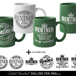 Rentner SVG Bundle mit 11 humorvollen deutschen Sprüchen und Designs rund um Rente und Ruhestand. Enthält Motive wie Endlich Rentner 2024, Ich bin in Rente, Rentner musste lange arbeiten sowie kreative Typografie mit Krone, Herz und Sonnenbrille. Modernes schwarz weiß Design eignet sich perfekt für T-Shirts, Tassen, Geschenke und DIY Projekte zum Ruhestand. Ideal für Plotter Dateien zur Gestaltung persönlicher Rentner Geschenke und witziger Dekoration.