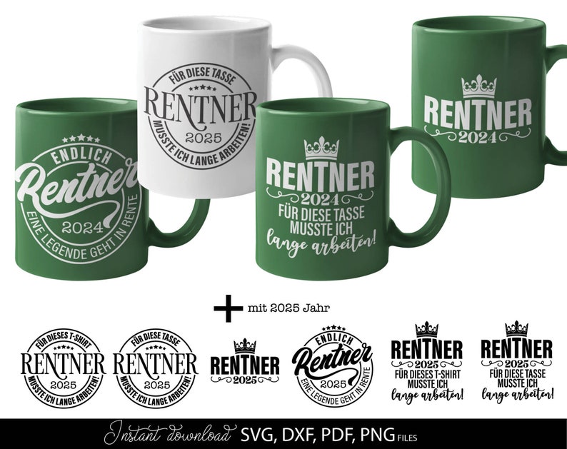 Rentner SVG Bundle mit 11 humorvollen deutschen Sprüchen und Designs rund um Rente und Ruhestand. Enthält Motive wie Endlich Rentner 2024, Ich bin in Rente, Rentner musste lange arbeiten sowie kreative Typografie mit Krone, Herz und Sonnenbrille. Modernes schwarz weiß Design eignet sich perfekt für T-Shirts, Tassen, Geschenke und DIY Projekte zum Ruhestand. Ideal für Plotter Dateien zur Gestaltung persönlicher Rentner Geschenke und witziger Dekoration.