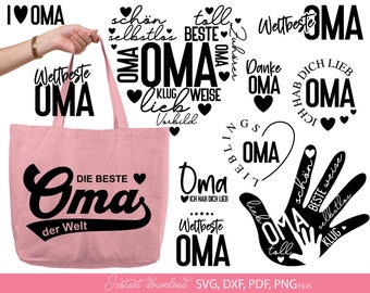 May include: A light pink tote bag with the words "Die Beste Oma der Welt" in black script. The image includes various black text designs with the word "OMA" and hearts, along with the text "Instant download SVG, DXF, PDF, PNG FILES".