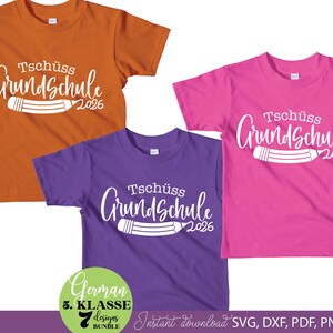 Graduation SVG bundle featuring German Tschüss Grundschule text designs with years 2025 to 2031 and pencil illustration elements. The typography combines playful handwritten style with school themed graphics, creating a meaningful graduation keepsake design. Perfect for creating t-shirts, gifts, school celebration items and DIY Cricut projects. Ideal for students finishing primary school and moving to the next stage, suitable for parents, teachers and graduation events.