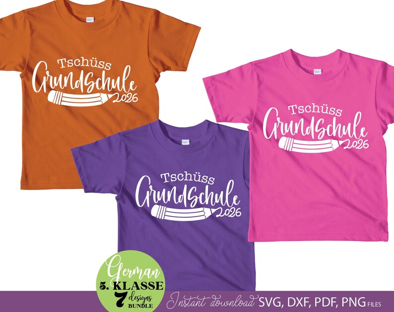 Graduation SVG bundle featuring German Tschüss Grundschule text designs with years 2025 to 2031 and pencil illustration elements. The typography combines playful handwritten style with school themed graphics, creating a meaningful graduation keepsake design. Perfect for creating t-shirts, gifts, school celebration items and DIY Cricut projects. Ideal for students finishing primary school and moving to the next stage, suitable for parents, teachers and graduation events.