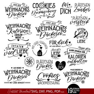 Großes Bundle mit personalisierbaren Weihnachts SVG Designs rund um Plätzchen, Weihnachtsbäckerei und festliche DIY Geschenkideen im modernen handgeschriebenen Stil. Enthalten sind kreative deutsche Sprüche wie „Aus der Weihnachts Bäckerei“, „Plätzchen Zauber“, „Cookies Backmischung“, „Zutaten viel Liebe“ und „Mit Liebe gebacken“. Die stilisierten Weihnachtsmotive eignen sich perfekt für Keksdosen, Backmischungen im Glas, Geschenkverpackungen, Kerzen Tattoos, Schürzen, Küchen Deko.