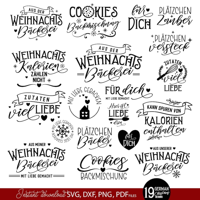 Großes Bundle mit personalisierbaren Weihnachts SVG Designs rund um Plätzchen, Weihnachtsbäckerei und festliche DIY Geschenkideen im modernen handgeschriebenen Stil. Enthalten sind kreative deutsche Sprüche wie „Aus der Weihnachts Bäckerei“, „Plätzchen Zauber“, „Cookies Backmischung“, „Zutaten viel Liebe“ und „Mit Liebe gebacken“. Die stilisierten Weihnachtsmotive eignen sich perfekt für Keksdosen, Backmischungen im Glas, Geschenkverpackungen, Kerzen Tattoos, Schürzen, Küchen Deko.