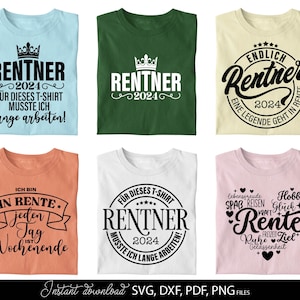 Rentner SVG Bundle mit 11 humorvollen deutschen Sprüchen und Designs rund um Rente und Ruhestand. Enthält Motive wie Endlich Rentner 2024, Ich bin in Rente, Rentner musste lange arbeiten sowie kreative Typografie mit Krone, Herz und Sonnenbrille. Modernes schwarz weiß Design eignet sich perfekt für T-Shirts, Tassen, Geschenke und DIY Projekte zum Ruhestand. Ideal für Plotter Dateien zur Gestaltung persönlicher Rentner Geschenke und witziger Dekoration.
