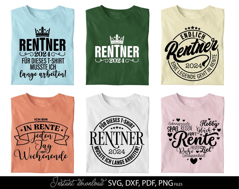 Rentner SVG Bundle mit 11 humorvollen deutschen Sprüchen und Designs rund um Rente und Ruhestand. Enthält Motive wie Endlich Rentner 2024, Ich bin in Rente, Rentner musste lange arbeiten sowie kreative Typografie mit Krone, Herz und Sonnenbrille. Modernes schwarz weiß Design eignet sich perfekt für T-Shirts, Tassen, Geschenke und DIY Projekte zum Ruhestand. Ideal für Plotter Dateien zur Gestaltung persönlicher Rentner Geschenke und witziger Dekoration.