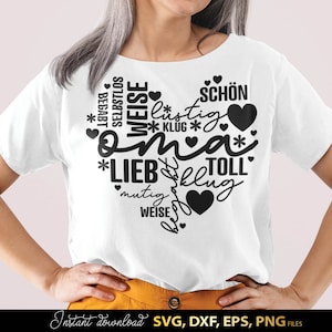 Typografie SVG Design für Oma mit liebevollen deutschen Worten wie Oma, lieb, klug, mutig, weise, lustig und toll in dekorativer Schrift kombiniert mit Herzen und floralen Elementen. Harmonisches Layout als Geschenkidee für Großmutter geeignet für DIY Projekte wie Tassen, Kissen, Wanddeko oder personalisierte Geschenke. Perfekt als Plotter Datei zur Erstellung von emotionalen Designs für Familie und besondere Anlässe wie Geburtstag oder Muttertag.