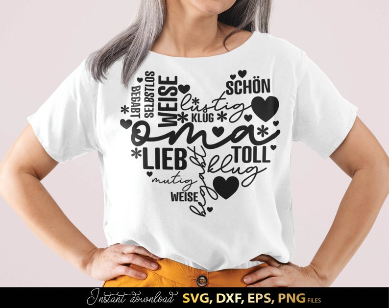 Typografie SVG Design für Oma mit liebevollen deutschen Worten wie Oma, lieb, klug, mutig, weise, lustig und toll in dekorativer Schrift kombiniert mit Herzen und floralen Elementen. Harmonisches Layout als Geschenkidee für Großmutter geeignet für DIY Projekte wie Tassen, Kissen, Wanddeko oder personalisierte Geschenke. Perfekt als Plotter Datei zur Erstellung von emotionalen Designs für Familie und besondere Anlässe wie Geburtstag oder Muttertag.
