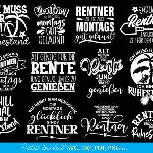 Humorvolles SVG Bundle mit Rentner Sprüchen und kreativen Typografie Designs rund um Ruhestand, Rente und Lebensfreude. Enthält verschiedene Schriftzüge mit lustigen Aussagen, dekorativen Elementen wie Palmen, Sonnen, Werkzeugen und verspielten Fonts. Perfekt geeignet für DIY Projekte wie T-Shirts, Tassen, Geschenke oder personalisierte Dekoration zum Renteneintritt. Ideal als Plotter Datei für kreative Designs mit Humor und Motivation für den neuen Lebensabschnitt.