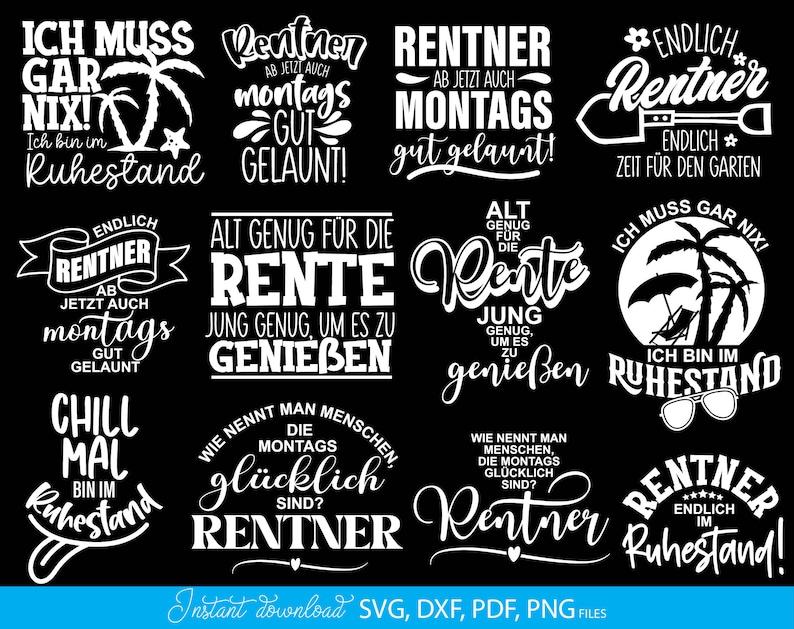 Humorvolles SVG Bundle mit Rentner Sprüchen und kreativen Typografie Designs rund um Ruhestand, Rente und Lebensfreude. Enthält verschiedene Schriftzüge mit lustigen Aussagen, dekorativen Elementen wie Palmen, Sonnen, Werkzeugen und verspielten Fonts. Perfekt geeignet für DIY Projekte wie T-Shirts, Tassen, Geschenke oder personalisierte Dekoration zum Renteneintritt. Ideal als Plotter Datei für kreative Designs mit Humor und Motivation für den neuen Lebensabschnitt.