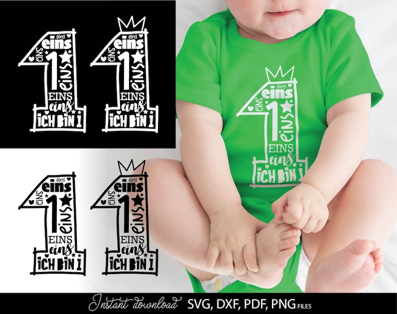 Schwarzes typografisches Design mit der Zahl 1 in kreativer Schriftgestaltung und kleinen Sternen sowie Herzsymbolen, kombiniert mit dem Text „Ich bin 1“ und mehrfach wiederholtem Wort „eins“. Das Motiv ist auf einem hellblauen Babybody dargestellt und zusätzlich in verschiedenen Farbvarianten als Grafik gezeigt. Perfekt geeignet für den ersten Geburtstag eines Kindes, für DIY Projekte wie Kleidung, Deko oder personalisierte Geschenke zur Feier des ersten Lebensjahres.