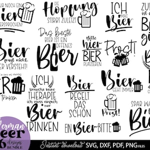 May include: A set of 16 German beer-themed designs in black and white. Each design features a different phrase about beer, accompanied by a beer mug graphic. The designs are available for instant download in SVG, DXF, PDF, and PNG formats.