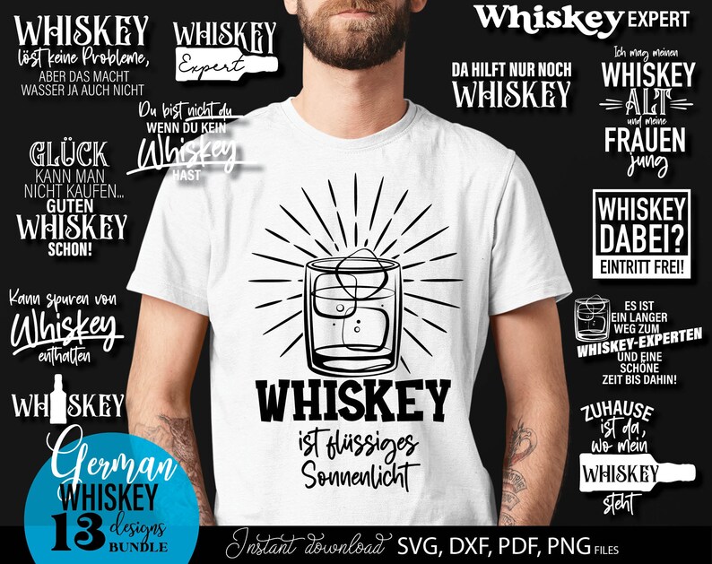 Whiskey SVG Bundle mit 13 humorvollen Spruch Designs rund um Whiskey Genuss und Lifestyle. Moderne Typografie kombiniert mit Gläsern, Flaschen und dekorativen Elementen verleiht jedem Motiv einen stilvollen und witzigen Charakter. Schwarz weiß Design sorgt für vielseitige Einsatzmöglichkeiten auf T Shirts, Hoodies, Bar Dekorationen und Geschenken. Perfekt für Whiskey Fans, Männergeschenke und kreative DIY Projekte mit Plotter oder Druck.