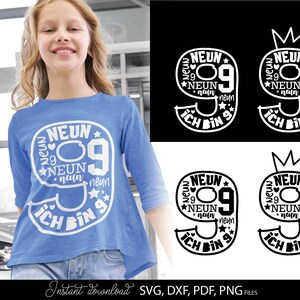 German kids birthday SVG bundle featuring numbers 1 to 9 with phrases like Ich bin 1, Ich bin 2, Ich bin 3 up to Ich bin 9 in decorative typography styles. Includes playful number designs filled with words and crown elements for children birthday themes. Perfect for kids birthday shirts, party outfits, custom clothing, mugs and DIY Cricut or Silhouette projects to create personalized birthday gifts and celebration designs for toddlers and young children.