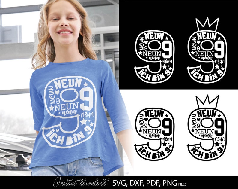 German kids birthday SVG bundle featuring numbers 1 to 9 with phrases like Ich bin 1, Ich bin 2, Ich bin 3 up to Ich bin 9 in decorative typography styles. Includes playful number designs filled with words and crown elements for children birthday themes. Perfect for kids birthday shirts, party outfits, custom clothing, mugs and DIY Cricut or Silhouette projects to create personalized birthday gifts and celebration designs for toddlers and young children.