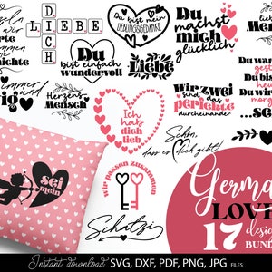 May include: A selection of German love-themed designs, featuring phrases and graphics. The designs include hearts, key, and cupid illustrations, alongside text such as "Liebe" and "Schatz". A pink pillow with a heart pattern is also shown. The bundle includes 17 designs.