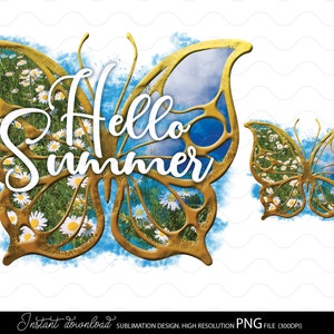 Floral German Butterfly Clipart with Hello summer png, floral butterfly png, butterfly clipart, summer sublimation butterfly shirt clipart