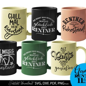 Humorvolles SVG Bundle mit Rentner Sprüchen und kreativen Typografie Designs rund um Ruhestand, Rente und Lebensfreude. Enthält verschiedene Schriftzüge mit lustigen Aussagen, dekorativen Elementen wie Palmen, Sonnen, Werkzeugen und verspielten Fonts. Perfekt geeignet für DIY Projekte wie T-Shirts, Tassen, Geschenke oder personalisierte Dekoration zum Renteneintritt. Ideal als Plotter Datei für kreative Designs mit Humor und Motivation für den neuen Lebensabschnitt.