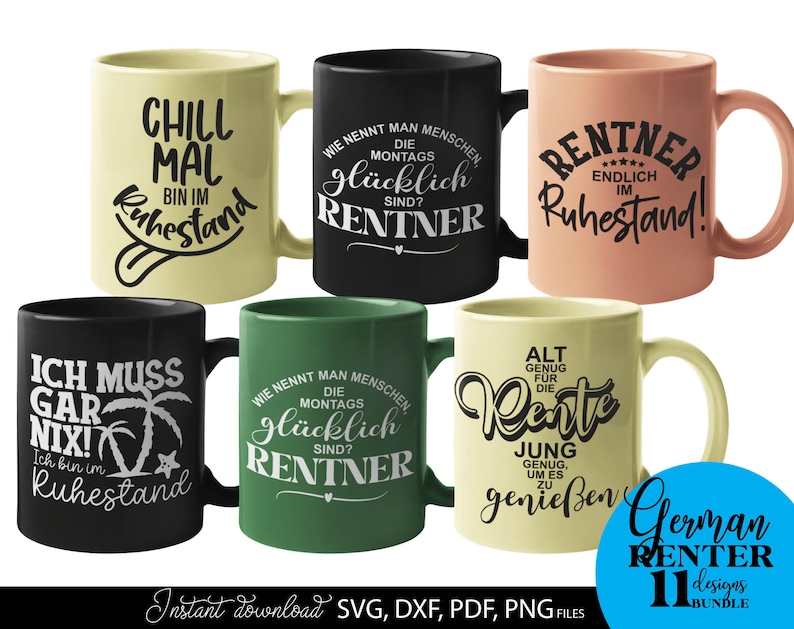 Humorvolles SVG Bundle mit Rentner Sprüchen und kreativen Typografie Designs rund um Ruhestand, Rente und Lebensfreude. Enthält verschiedene Schriftzüge mit lustigen Aussagen, dekorativen Elementen wie Palmen, Sonnen, Werkzeugen und verspielten Fonts. Perfekt geeignet für DIY Projekte wie T-Shirts, Tassen, Geschenke oder personalisierte Dekoration zum Renteneintritt. Ideal als Plotter Datei für kreative Designs mit Humor und Motivation für den neuen Lebensabschnitt.