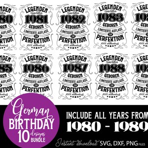 Vorschaubild eines personalisierten deutschen Geburtstag SVG Bundles mit Vintage Typografie Designs für Männer der Jahrgänge 1980 bis 1989. Die Motive enthalten auffällige deutsche Schriftzüge mit humorvollen Aussagen über limitierte Auflage und Perfektion. Links trägt ein Mann ein schwarzes T Shirt mit dem 1984 Design, rechts sind weitere Geburtstagsmotive dargestellt. Enthalten sind SVG, DXF und PNG Dateien für Cricut, Sublimation, personalisierte Geschenke, Shirts, Tassen und DIY Projekte.