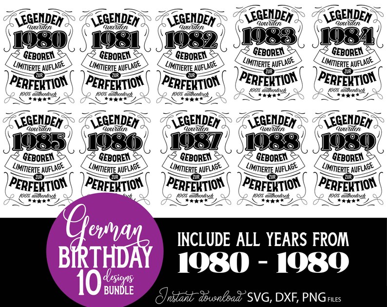 Vorschaubild eines personalisierten deutschen Geburtstag SVG Bundles mit Vintage Typografie Designs für Männer der Jahrgänge 1980 bis 1989. Die Motive enthalten auffällige deutsche Schriftzüge mit humorvollen Aussagen über limitierte Auflage und Perfektion. Links trägt ein Mann ein schwarzes T Shirt mit dem 1984 Design, rechts sind weitere Geburtstagsmotive dargestellt. Enthalten sind SVG, DXF und PNG Dateien für Cricut, Sublimation, personalisierte Geschenke, Shirts, Tassen und DIY Projekte.