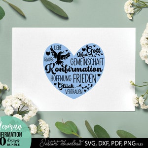 Konfirmation SVG Bundle mit christlichen Symbolen wie Taube, Kreuz, Herz und inspirierenden Sprüchen wie „Einladung zur Konfirmation“, „Herzlichen Glückwunsch“ und „Alles Liebe“. Stilvolle und moderne Designs ideal für Karten, Einladungen, Deko oder personalisierte Geschenke. Perfekt geeignet für DIY Projekte rund um Kirche, Glauben und besondere religiöse Anlässe wie Konfirmation.