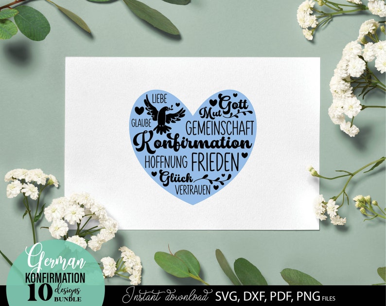 Konfirmation SVG Bundle mit christlichen Symbolen wie Taube, Kreuz, Herz und inspirierenden Sprüchen wie „Einladung zur Konfirmation“, „Herzlichen Glückwunsch“ und „Alles Liebe“. Stilvolle und moderne Designs ideal für Karten, Einladungen, Deko oder personalisierte Geschenke. Perfekt geeignet für DIY Projekte rund um Kirche, Glauben und besondere religiöse Anlässe wie Konfirmation.