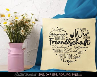 Freundschaft SVG Spruch, Herz Freunde Vertrauen Glück Typografie, Deutsch Plotter Datei