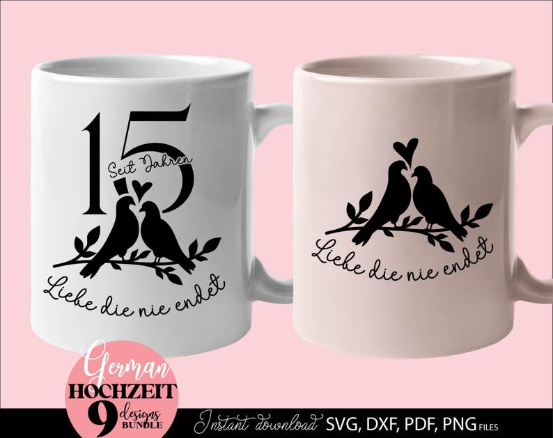 German Hochzeit plotterdatei Porzellanhochzeit Silberhochzeit Perlenhochzeit Svg Rubinhochzeit Goldene Hochzeit Diamanten Hochzeit Svg Png Dxf Png files included. Compatible with Cricut, Silhouette, Glowforge, sublimation, laser cut machines. Buy now