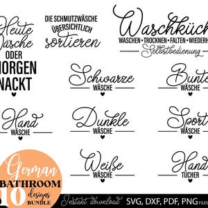 Puede incluir: Una colección de diseños de baño alemanes en blanco y negro. Los diseños incluyen frases como "Lavandería", "Lavar" y "Toallas de mano". La imagen también incluye el texto "German Bathroom Designs Bundle" y "Instant Download".