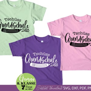 Graduation SVG bundle featuring German Tschüss Grundschule text designs with years 2025 to 2031 and pencil illustration elements. The typography combines playful handwritten style with school themed graphics, creating a meaningful graduation keepsake design. Perfect for creating t-shirts, gifts, school celebration items and DIY Cricut projects. Ideal for students finishing primary school and moving to the next stage, suitable for parents, teachers and graduation events.