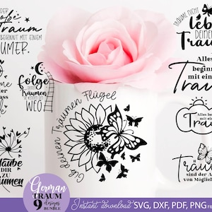 Inspirierende Zitate Traum バンドル、9 デザイン、SVG PNG Dxf Pdf Wanddeko DIY プロッター、ドイツ バンドル プロッター ファイル Cricut シルエット