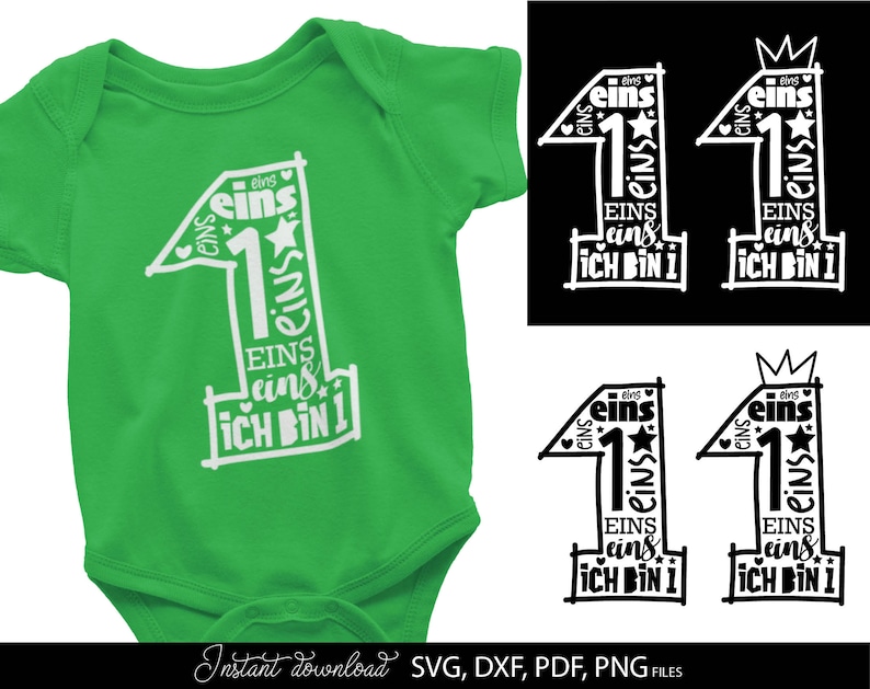 Schwarzes typografisches Design mit der Zahl 1 in kreativer Schriftgestaltung und kleinen Sternen sowie Herzsymbolen, kombiniert mit dem Text „Ich bin 1“ und mehrfach wiederholtem Wort „eins“. Das Motiv ist auf einem hellblauen Babybody dargestellt und zusätzlich in verschiedenen Farbvarianten als Grafik gezeigt. Perfekt geeignet für den ersten Geburtstag eines Kindes, für DIY Projekte wie Kleidung, Deko oder personalisierte Geschenke zur Feier des ersten Lebensjahres.