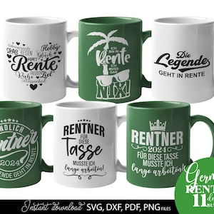 Rentner SVG Bundle mit 11 humorvollen deutschen Sprüchen und Designs rund um Rente und Ruhestand. Enthält Motive wie Endlich Rentner 2024, Ich bin in Rente, Rentner musste lange arbeiten sowie kreative Typografie mit Krone, Herz und Sonnenbrille. Modernes schwarz weiß Design eignet sich perfekt für T-Shirts, Tassen, Geschenke und DIY Projekte zum Ruhestand. Ideal für Plotter Dateien zur Gestaltung persönlicher Rentner Geschenke und witziger Dekoration.