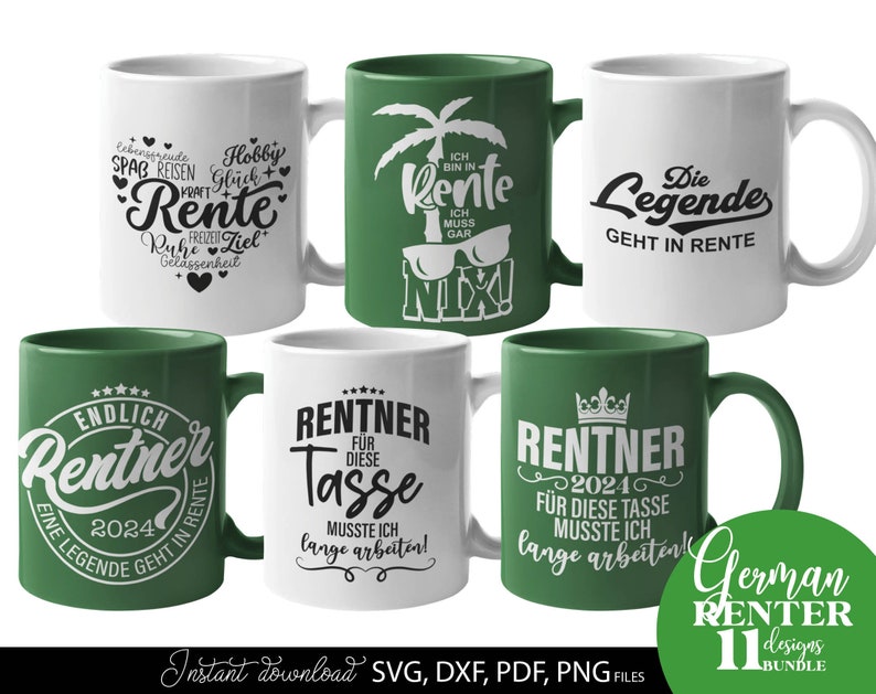 Rentner SVG Bundle mit 11 humorvollen deutschen Sprüchen und Designs rund um Rente und Ruhestand. Enthält Motive wie Endlich Rentner 2024, Ich bin in Rente, Rentner musste lange arbeiten sowie kreative Typografie mit Krone, Herz und Sonnenbrille. Modernes schwarz weiß Design eignet sich perfekt für T-Shirts, Tassen, Geschenke und DIY Projekte zum Ruhestand. Ideal für Plotter Dateien zur Gestaltung persönlicher Rentner Geschenke und witziger Dekoration.