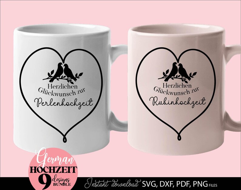 Set aus neun eleganten Herz Designs mit Vögel Motiv und Schriftzug „Herzlichen Glückwunsch zur Hochzeit“ für verschiedene Hochzeitsjubiläen wie Papierhochzeit, Silberhochzeit, Goldene Hochzeit, Diamanten Hochzeit und mehr. Die romantischen Motive eignen sich ideal für Geschenke, Karten, Kissen, Wanddeko und kreative DIY Projekte. Klare Linien, moderne Typografie und liebevolle Details machen diese Designs perfekt für Paare und besondere Jubiläumsanlässe im deutschsprachigen Raum.