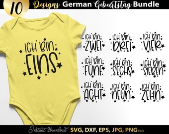 Geburtstag Kinder SVG Bundle, Ich bin eins bis zehn Geburtstag Outfit Design Deutsch Plotterdatei