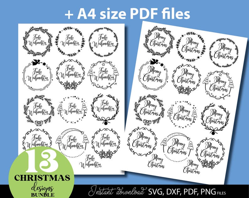 Handgezeichnetes Weihnachtsdesign mit personalisierbaren Frohe Weihnachten Ornamenten in verschiedenen Varianten, inklusive Tannenbäumen, Sternen und dekorativen Elementen für festliche Tischdekoration, Geschenkanhänger und saisonale Bastelprojekte, geeignet für DIY-Projekte, Scrapbooking, Partydeko und personalisierte Geschenke. Jedes Motiv ist liebevoll illustriert und einfach anpassbar, um individuellen Namen oder Botschaften hinzuzufügen, perfekt für traditionelle.