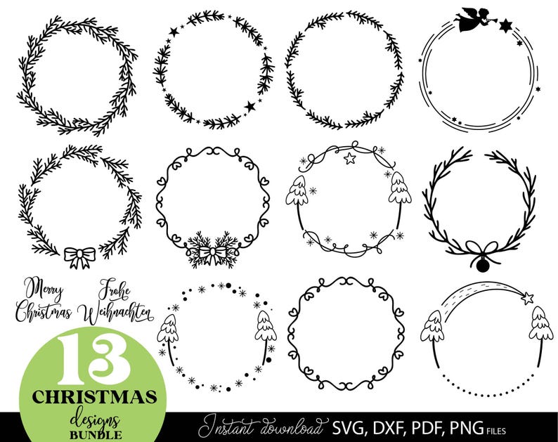 Handgezeichnetes Weihnachtsdesign mit personalisierbaren Frohe Weihnachten Ornamenten in verschiedenen Varianten, inklusive Tannenbäumen, Sternen und dekorativen Elementen für festliche Tischdekoration, Geschenkanhänger und saisonale Bastelprojekte, geeignet für DIY-Projekte, Scrapbooking, Partydeko und personalisierte Geschenke. Jedes Motiv ist liebevoll illustriert und einfach anpassbar, um individuellen Namen oder Botschaften hinzuzufügen, perfekt für traditionelle.