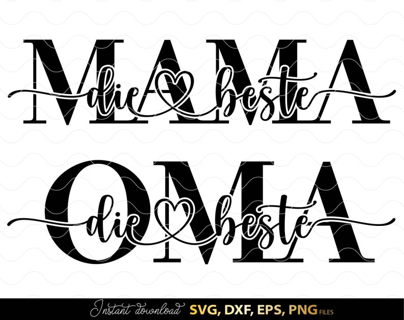 Mama SVG Bundle mit stilvollen deutschen Schriftzügen wie Mama die Beste und Oma die Beste in eleganter Typografie mit Herzmotiv. Modernes schwarz weiß Design eignet sich perfekt für personalisierte Geschenke, T Shirts, Tassen und DIY Projekte. Ideal für Muttertag, Geburtstag oder besondere Anlässe für Mama und Oma. Hochwertige Plotter Dateien zur kreativen Gestaltung liebevoller Dekorationen und individueller Geschenkideen für Familie.