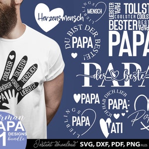 Papa SVG Bundle mit deutschen Sprüchen wie „Bester Papa“, „Coolster Papa“, „Papa ist mein Held“ und „Vatertag – Tag der Helden“. Enthält liebevolle und humorvolle Designs für Väter mit moderner Typografie und dekorativen Elementen. Perfekt geeignet für DIY Projekte wie T-Shirts, Tassen oder Geschenke zum Vatertag, Geburtstag oder als persönliche Überraschung für Papa.