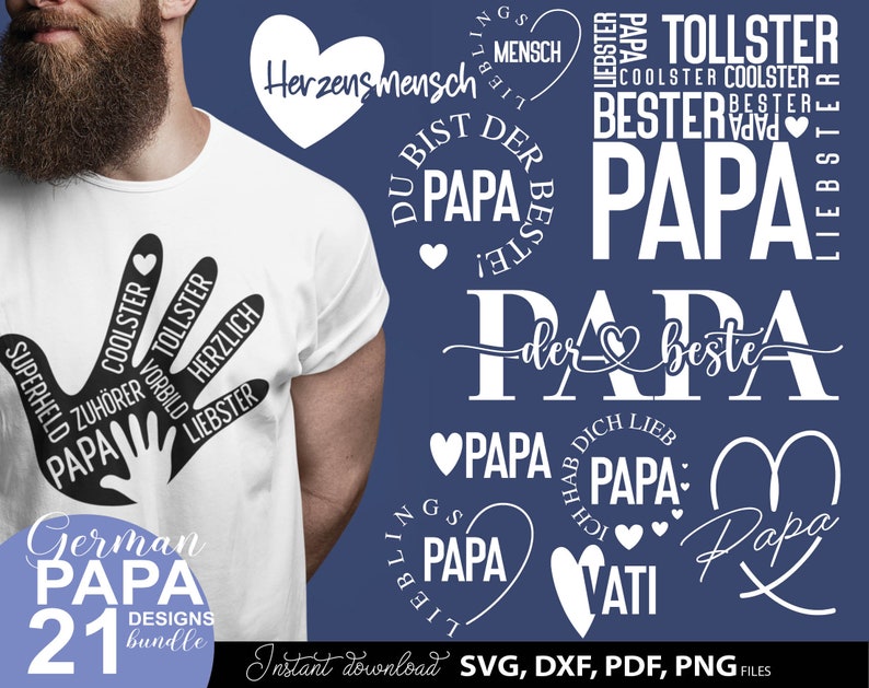 Papa SVG Bundle mit deutschen Sprüchen wie „Bester Papa“, „Coolster Papa“, „Papa ist mein Held“ und „Vatertag – Tag der Helden“. Enthält liebevolle und humorvolle Designs für Väter mit moderner Typografie und dekorativen Elementen. Perfekt geeignet für DIY Projekte wie T-Shirts, Tassen oder Geschenke zum Vatertag, Geburtstag oder als persönliche Überraschung für Papa.