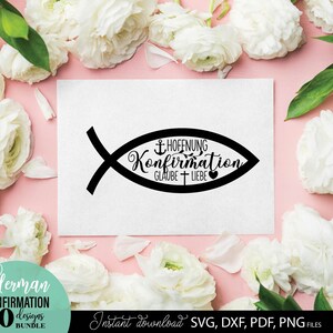 Konfirmation SVG Bundle mit christlichen Motiven wie Kreuz, Taube, Fischsymbol und Sprüchen wie „Einladung zur Konfirmation“, „Gottes Segen“ und „Herzlichen Glückwunsch“. Elegante und spirituelle Designs ideal für Karten, Einladungen oder Geschenke zur Konfirmation. Perfekt geeignet für DIY Projekte wie Drucke, Deko oder personalisierte Erinnerungsstücke für diesen besonderen religiösen Anlass.