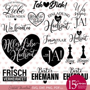 Arquivo de plotter de sinais de casamento alemão Svg Dxf Png | Arquivo de plotter de citações de Liebe alemão Svg Png Dxf | Alemão Hochzeit Verliebt Verlobt Verheiratet