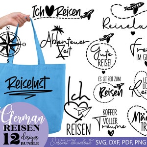 Può includere: Un set di 12 design a tema viaggio tedesco con frasi come "Ich liebe Reisen" (Amo viaggiare), "Reiselust" (febbre da viaggio) e "Abenteuerzeit" (tempo di avventura). I design sono in bianco e nero e sono perfetti per creare t-shirt, tazze, borse tote e altri lavoretti.