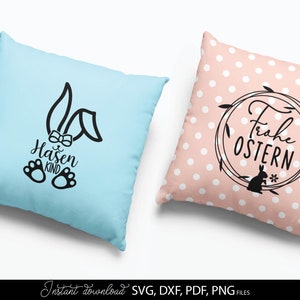Easter SVG bundle featuring decorative German quotes and playful bunny themed designs in clean black line style. The set includes phrases like Frohe Ostern, Oster Grüße and Hasi, combined with rabbit silhouettes, bunny ears, Easter eggs, floral wreaths and spring elements. Typography varies from modern script to bold lettering, suitable for seasonal crafts. Ideal for Easter decorations, greeting cards, t-shirts, mugs, kids projects and Cricut or cutting machine use with a charming festive spring
