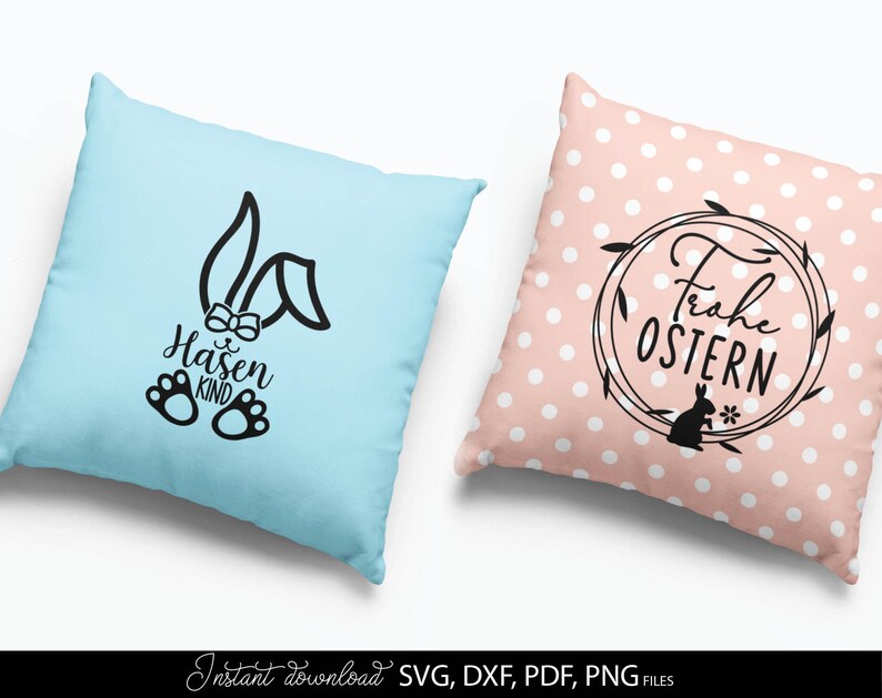 Easter SVG bundle featuring decorative German quotes and playful bunny themed designs in clean black line style. The set includes phrases like Frohe Ostern, Oster Grüße and Hasi, combined with rabbit silhouettes, bunny ears, Easter eggs, floral wreaths and spring elements. Typography varies from modern script to bold lettering, suitable for seasonal crafts. Ideal for Easter decorations, greeting cards, t-shirts, mugs, kids projects and Cricut or cutting machine use with a charming festive spring